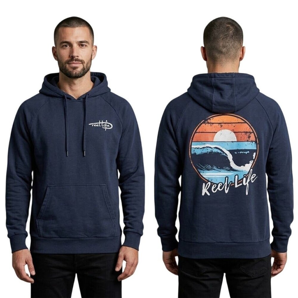 Reel Life Mens Hoodie Sweatshirt Medium Navy Blue Graphic Print Pullover Casual
